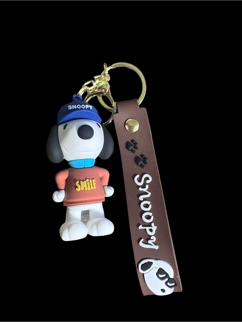 Snoopy Dog Keychain with smile shirt and Brown Strap -
